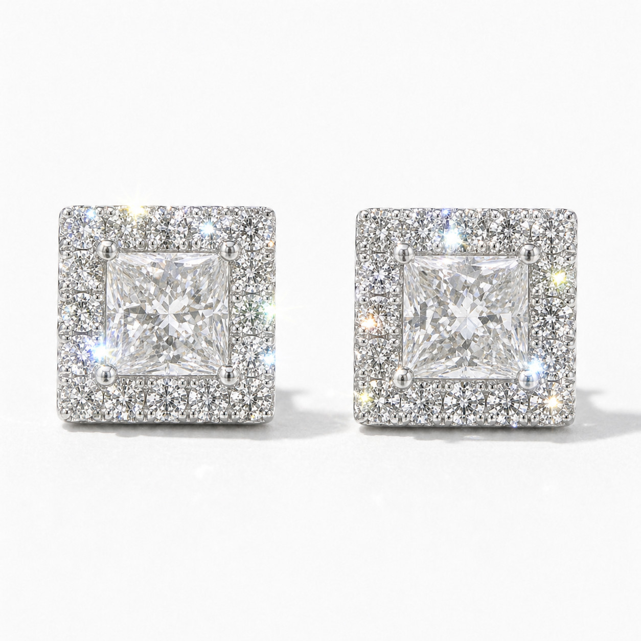 2.52 cttw Natural Diamond Princess Cut Halo Stud Earrings Solid 18K White