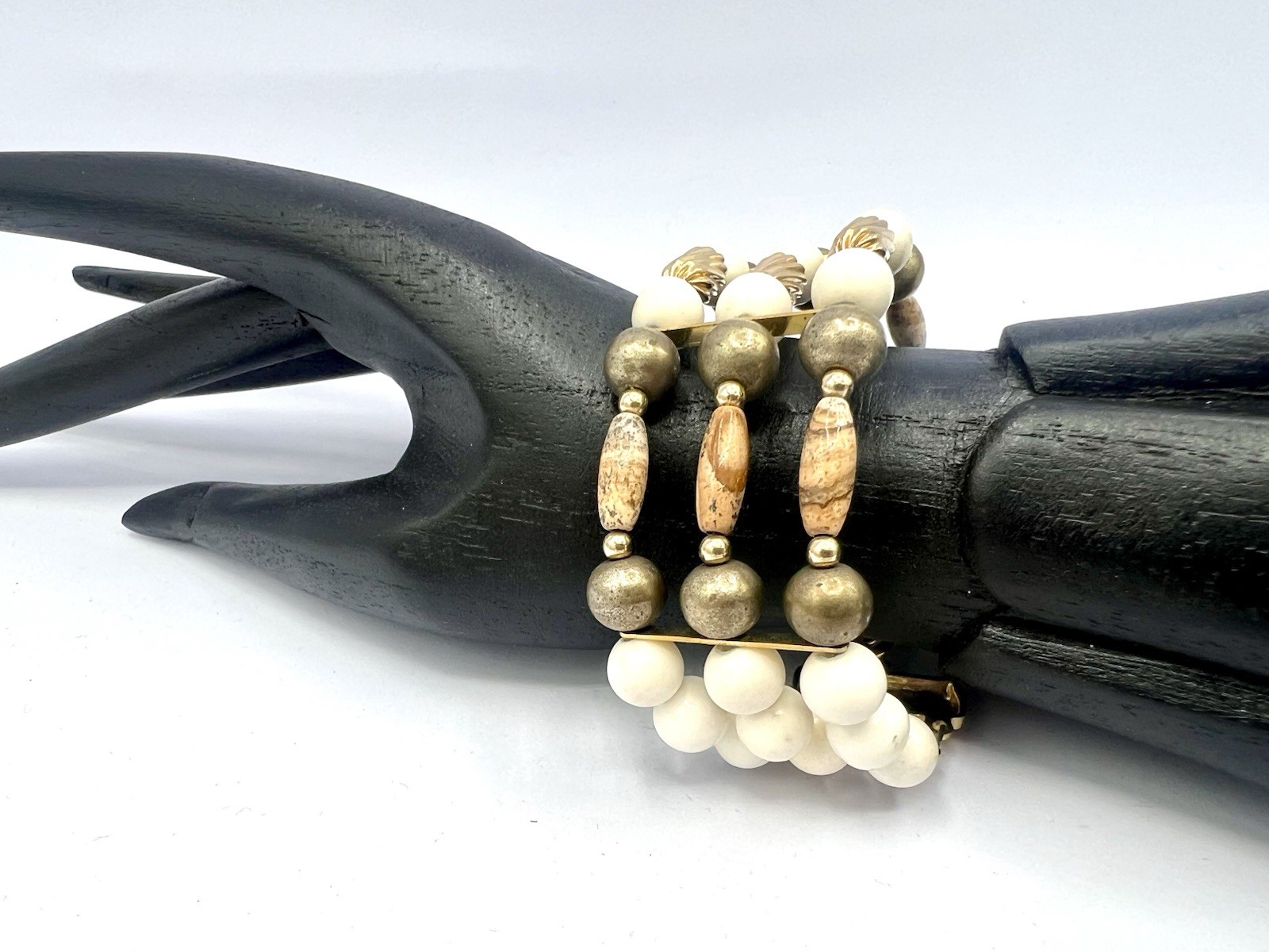 Vintage Silver Gold Ivory Brown Tan Gemstone Bead Wide Bracelet RO-DO NOS JD