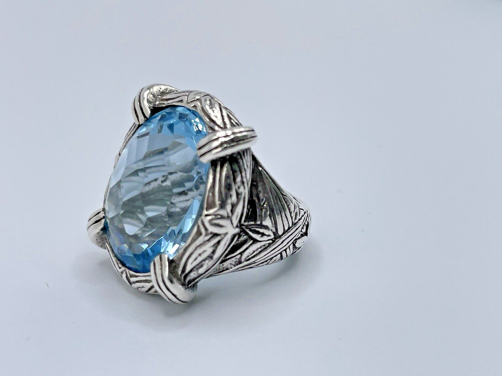 Stephen Dweck Faceted Blue Topaz Ring in Engraved Sterling Silver
