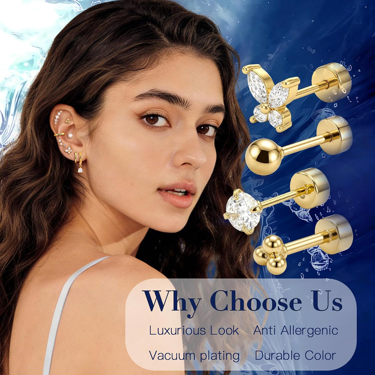 Hypoallergenic Flat Back Earrings Set for Women | Cartilage Earrings Stacks | 14