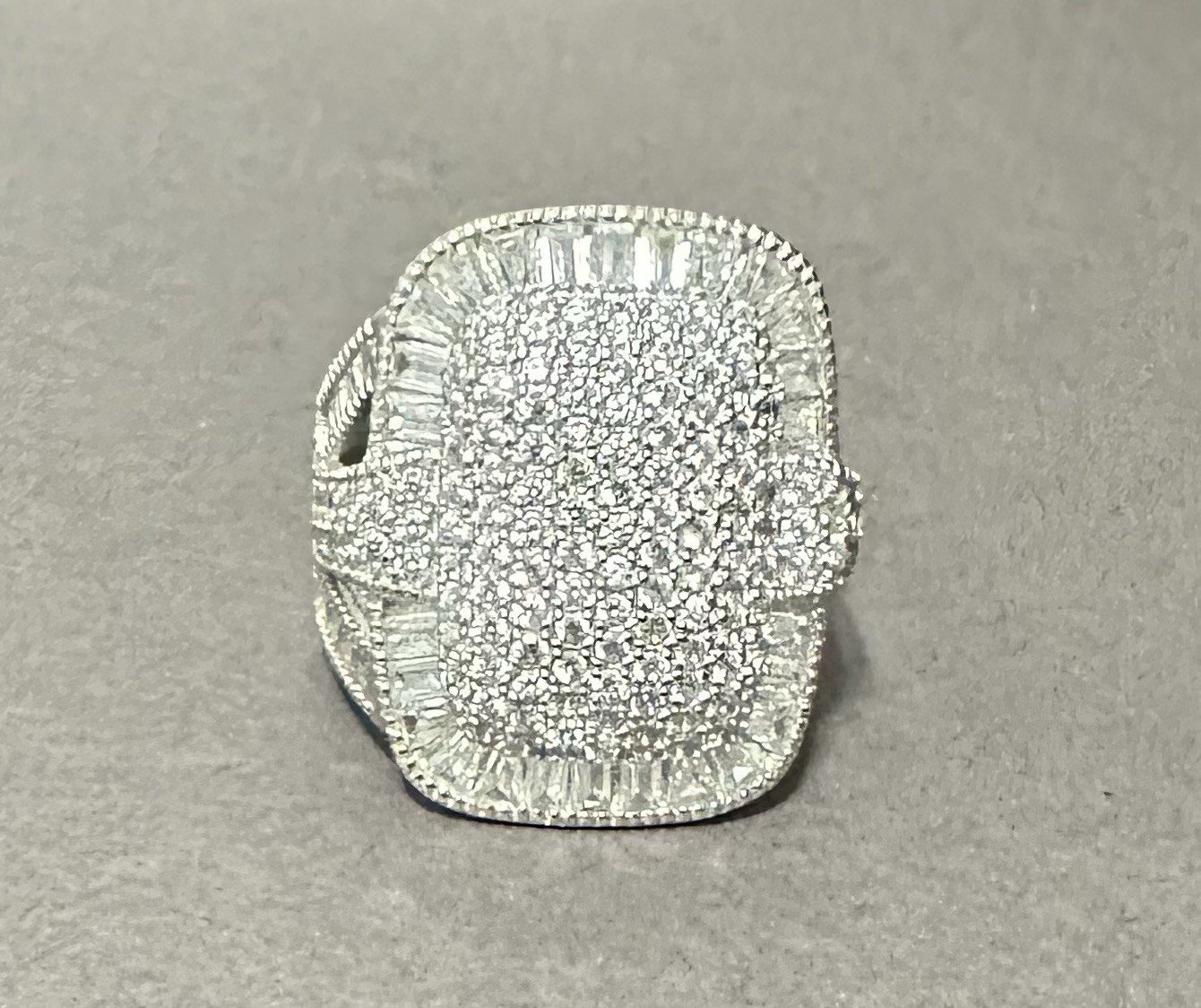 FZN Fuzion Creations 925 Sterling Silver CZ PaveBaguette Halo Cocktail Ring 5.25