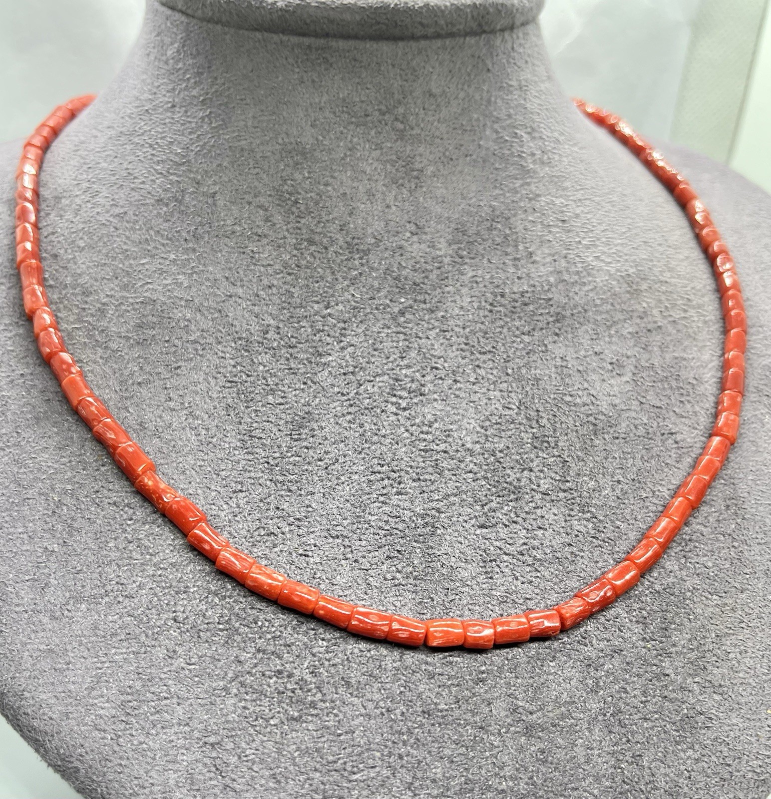Natural Mediterranean Red Coral Necklace-46cm-5mm Cans-925 Silver