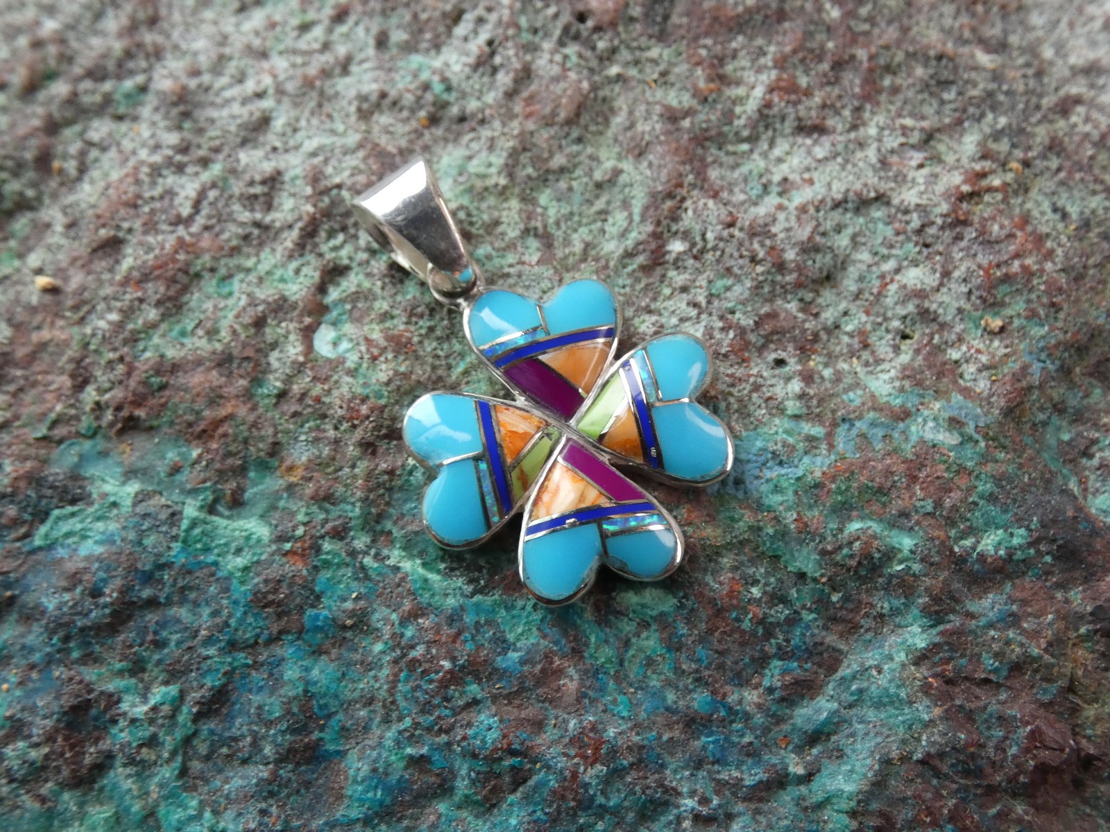 Love Luck Clover Multi Gemstone Handcrafted Sterling Silver Pendant New G38