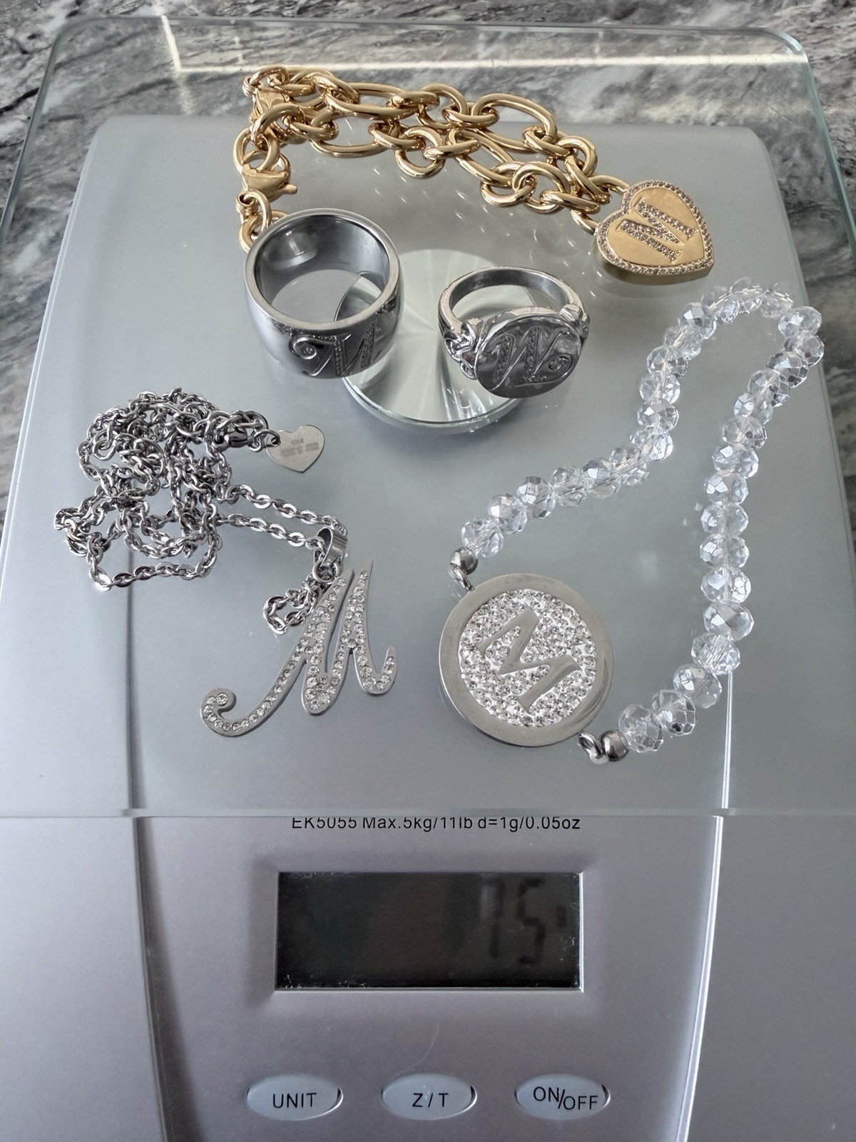 QVC HSN Stainless Steel/ Bronze Monogram “M” Jewelry 75g Lot Of 5