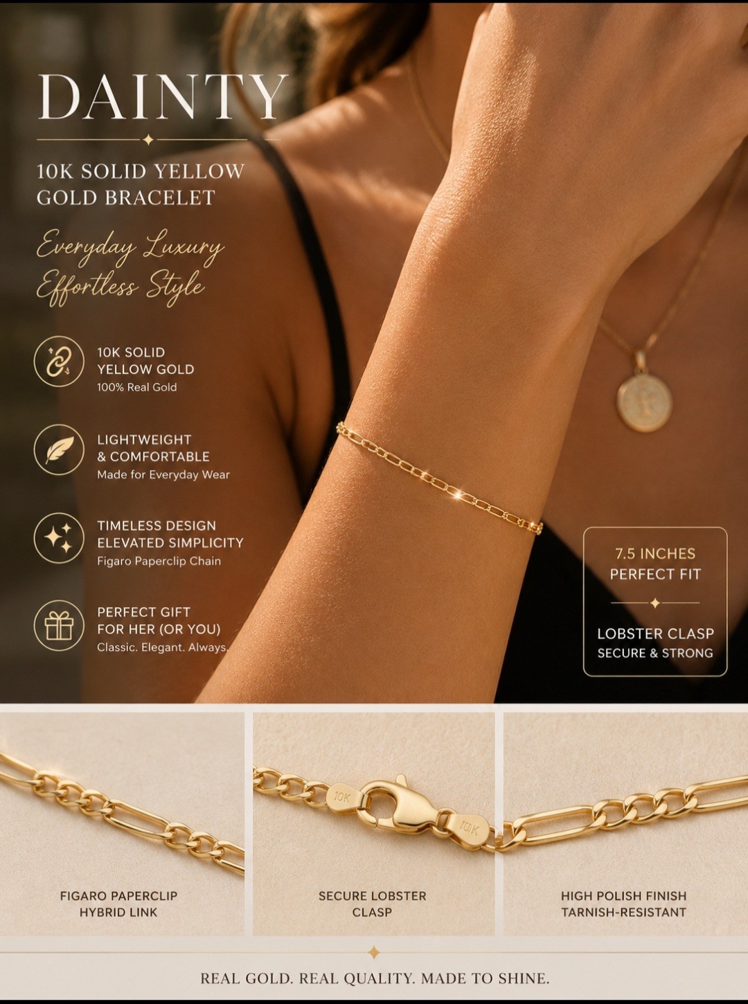 Dainty Gold Figaro Paperclip Chain Bracelet 7.5″ Elongated Minimalist Link