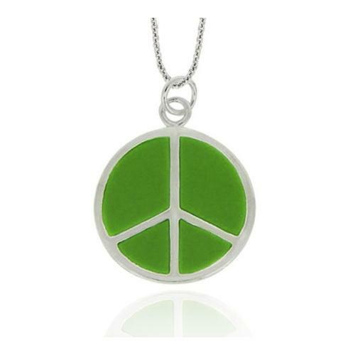 925 Silver Green Enamel Peace Sign Pendant, 18″