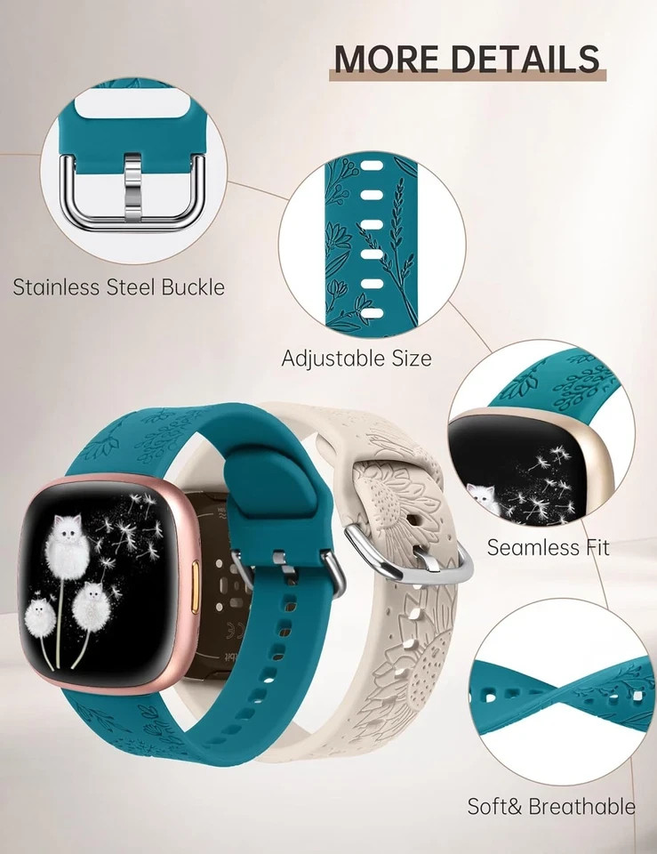 Minyee 2 Packs Floral Engraved Band Compatible with Fitbit Versa 4/Versa 3/Sense