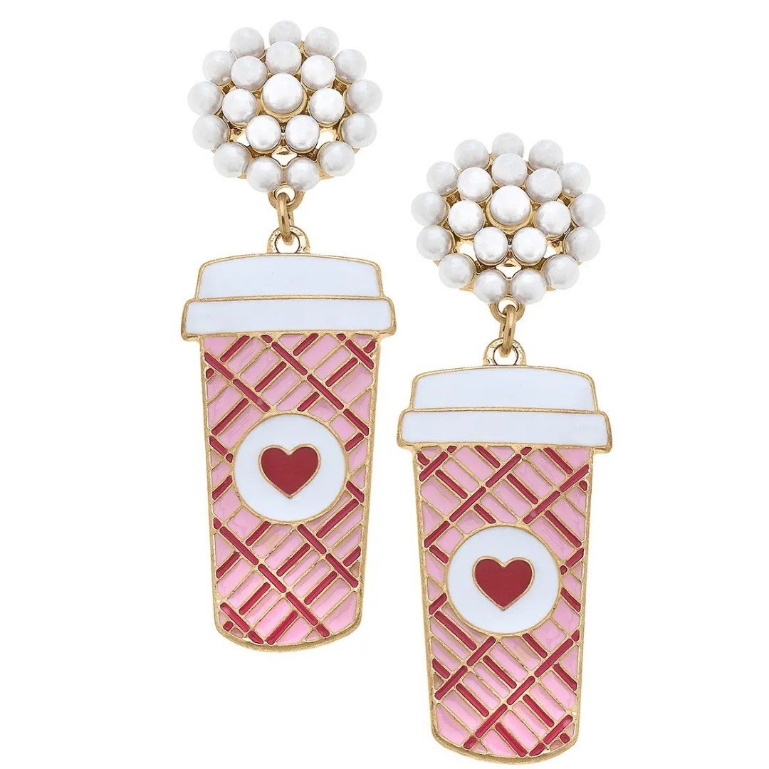 CANVAS STYLE Valentines Coffee Cup Earrings Pink Heart Dangle Drop Pearls NWT