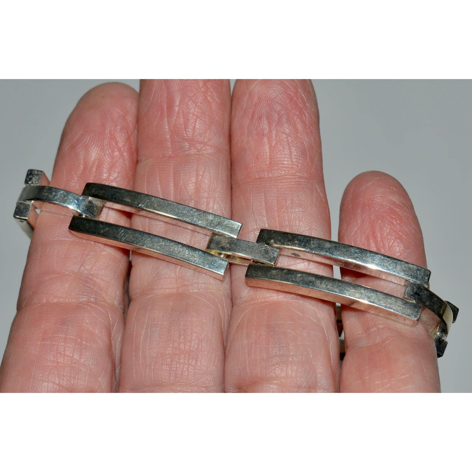 Sterling Silver Link Bracelet, Modernist 5 Link Bracelet Hidden Fold Over Clasp