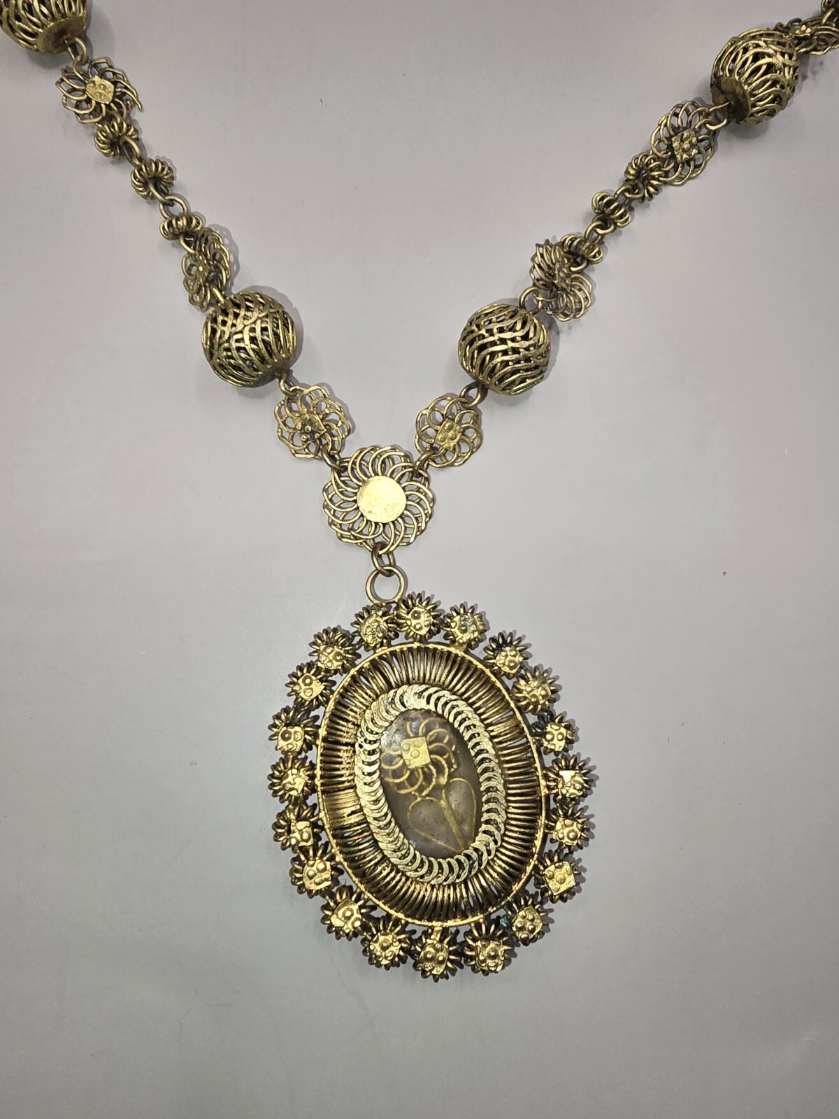 Philippines Tambourine Reliquary Gilt Copper Filigree Pendant Necklace Tamborin