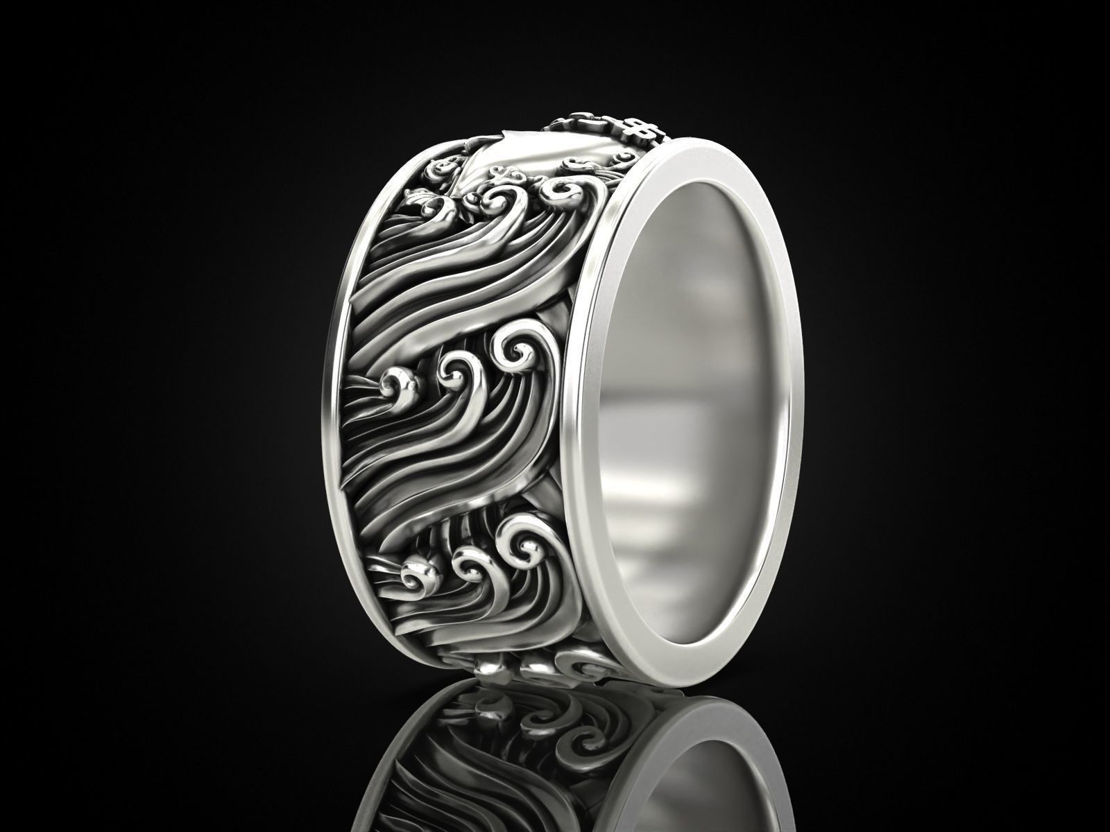 Oxidized Mens Money Grabbing Fish Gothic Punk 925Sterling Silver Statement Rings