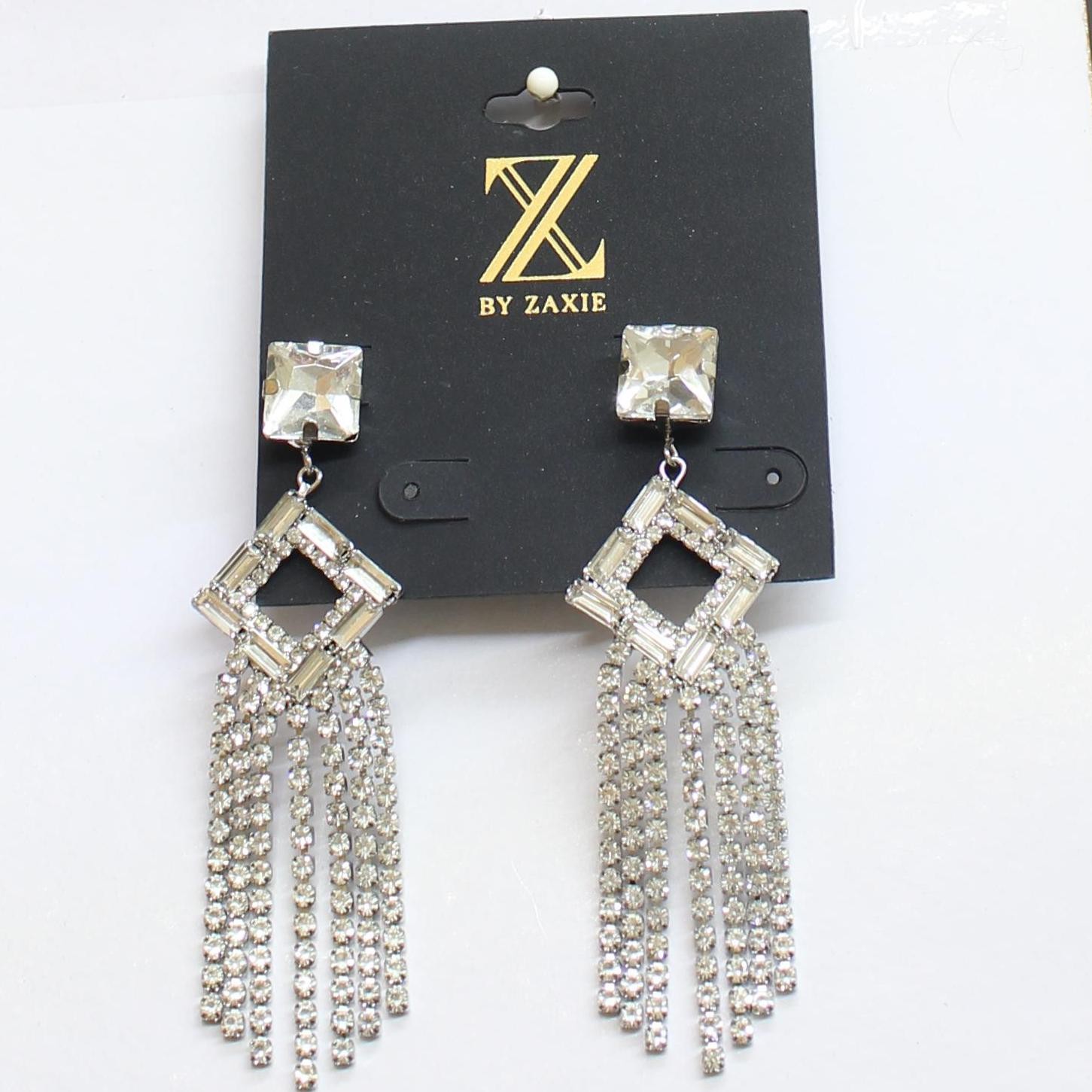 Z by Zaxie Fringe Diamond Frame Post Earrings Silver Gray / Clear 3.5″