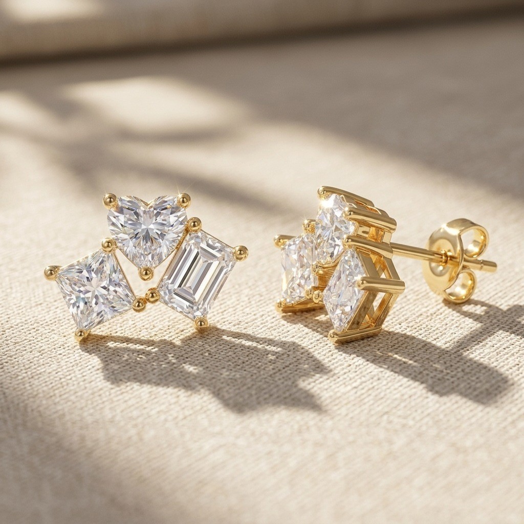 925 Sterling Silver Heart Pear Emerald Cut Moissanite Cluster Stud Earrings