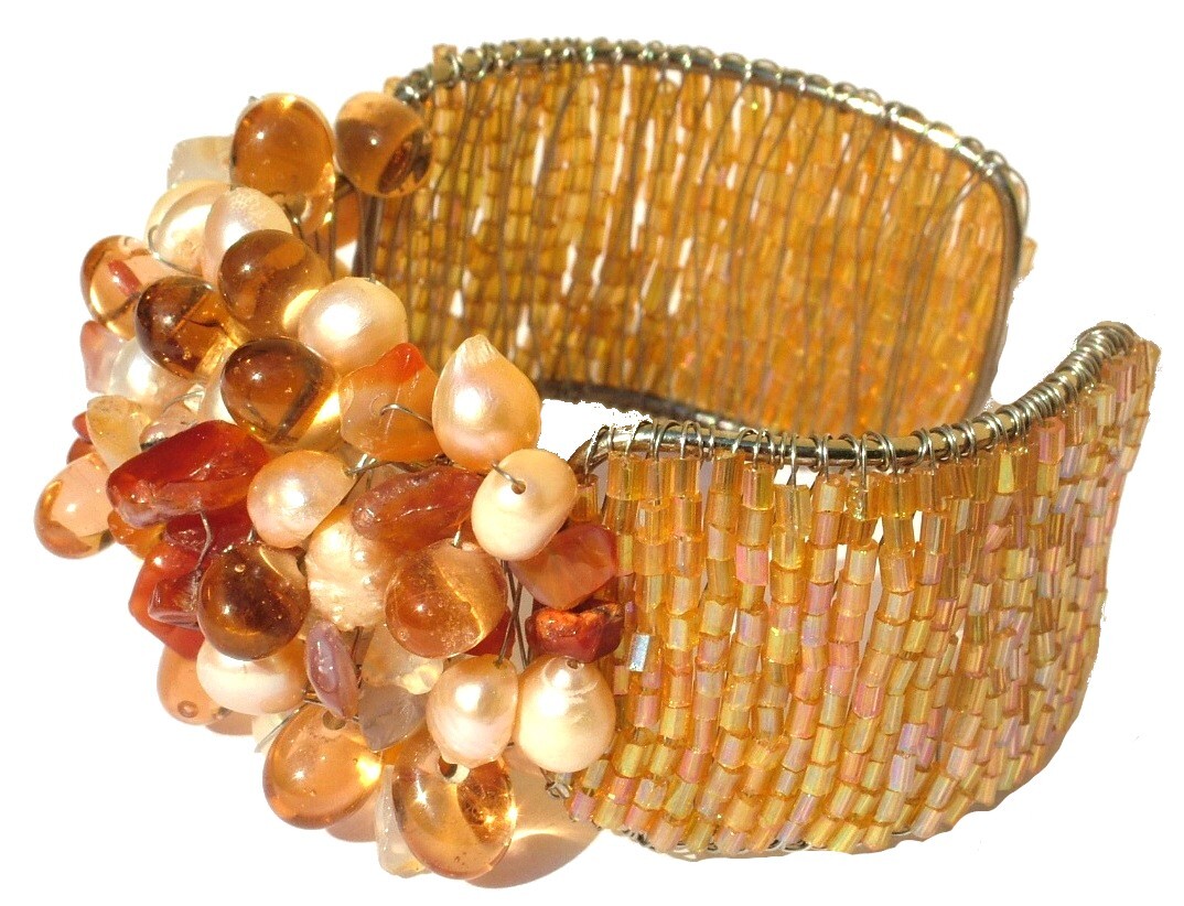 Bangle 30x Orange Carnelian 20x Apricot Beads on Silver Wide Adjustable