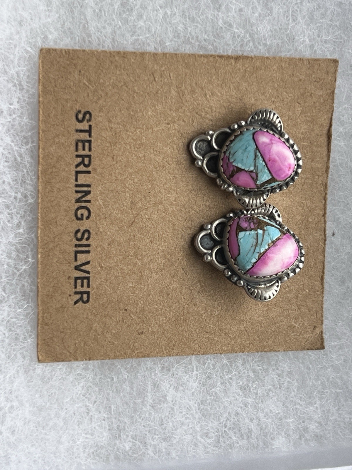 Sterling Silver Cotton Candy Turquoise & Pink Spiny Oyster Stud Earrings 925