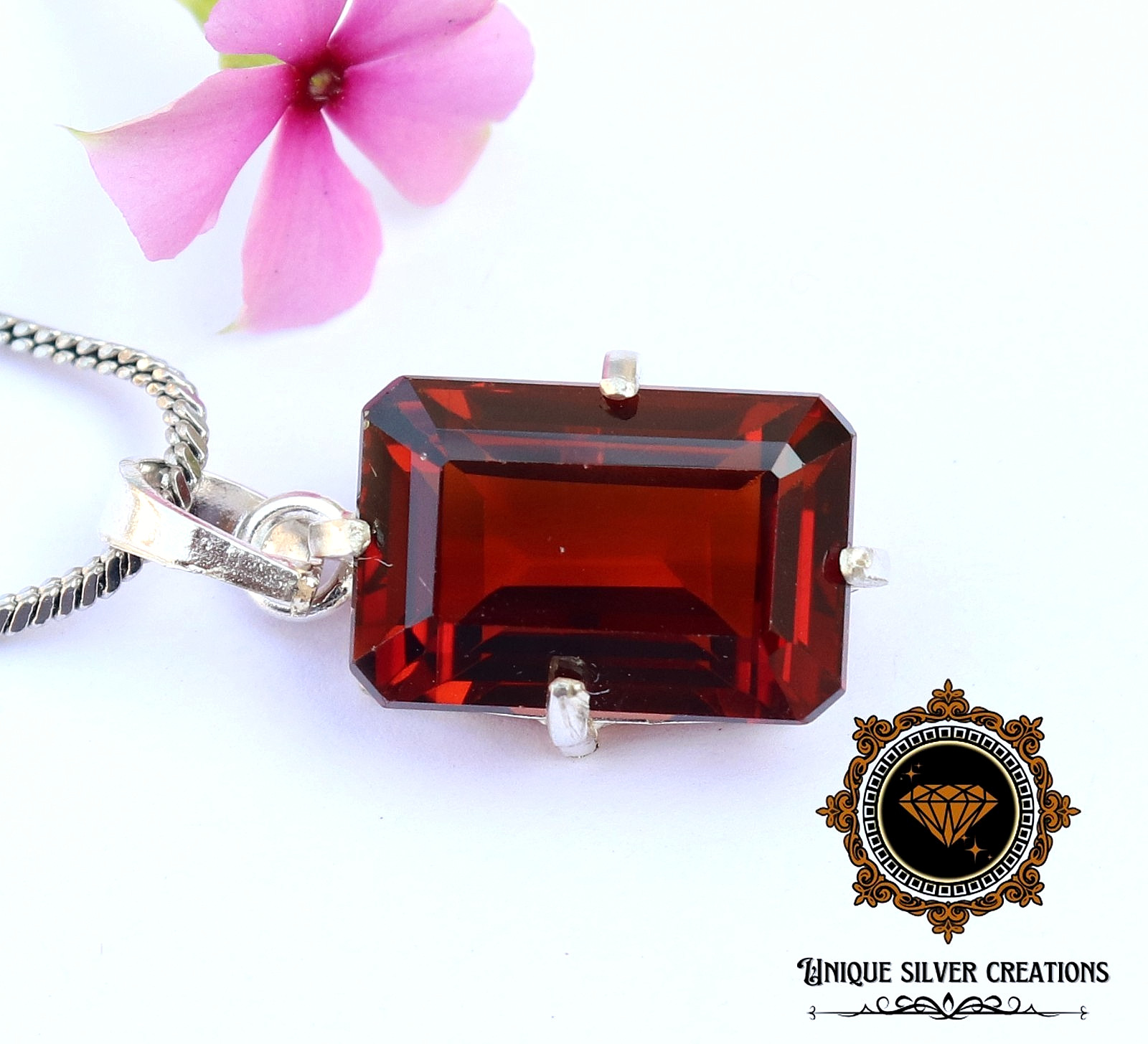 Natural Hessonite Garnet 925 Silver Pendant Certified Emerald Cut Loose Gemstone