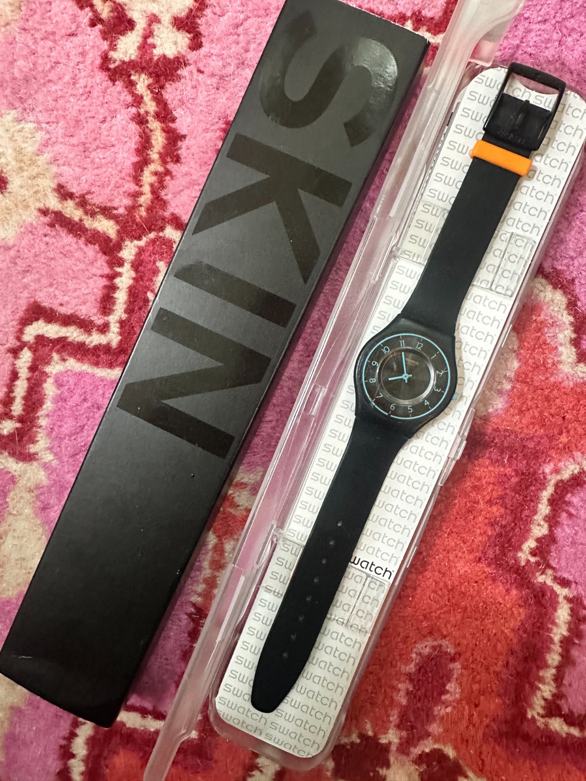 BRAND NEW W BOX Swatch Troposphere SB147 SKIN, Ultra-Thin, Black with Blue Face