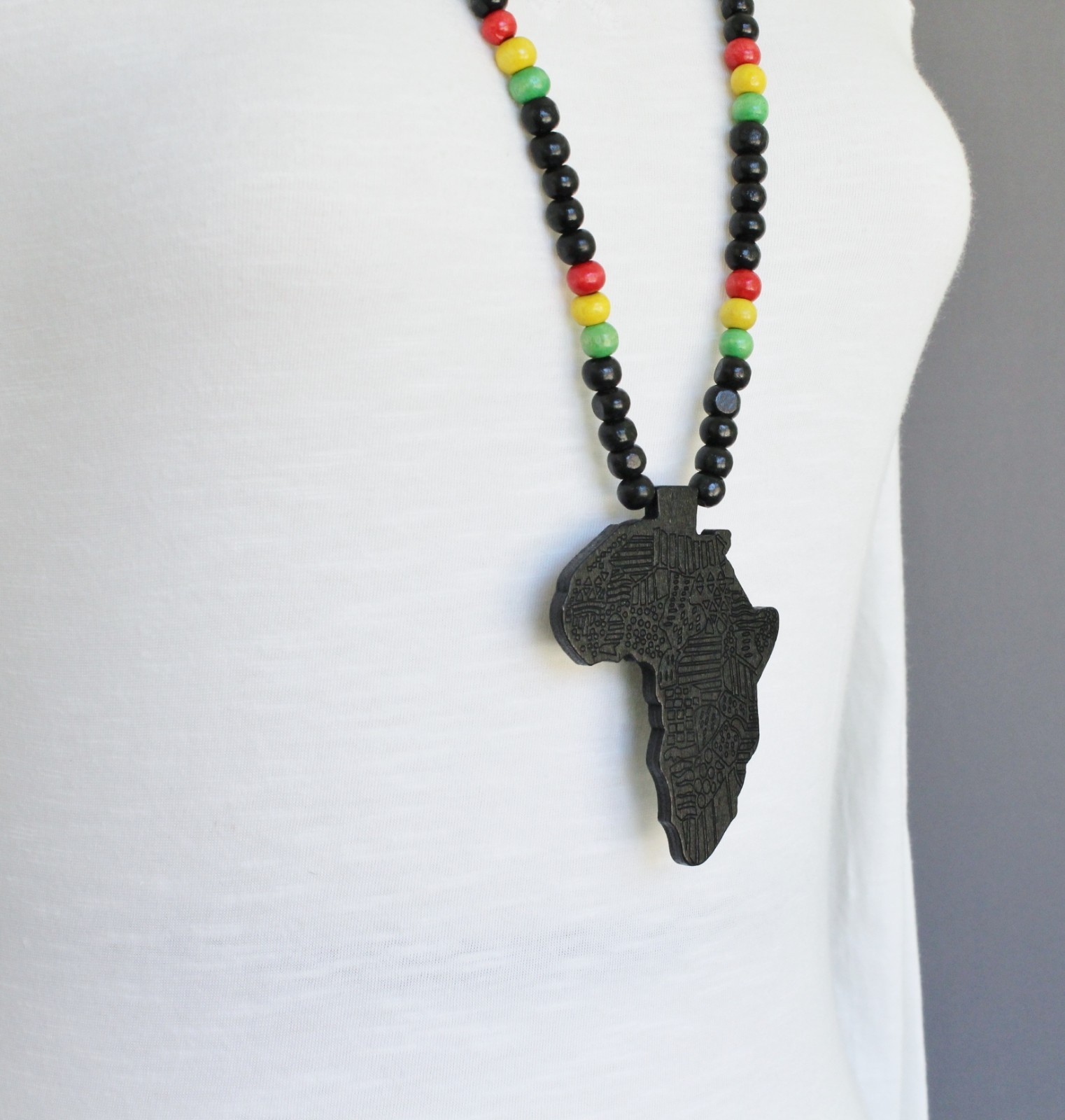 Black wooden africa pendant necklace beads chain african map continent wood long
