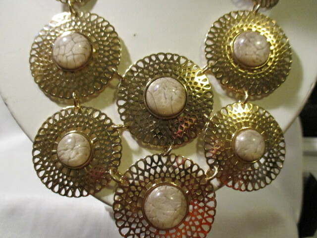 AVON Medallion Necklace Lace & Marble-Like Details Burnished Brass Faux Stones