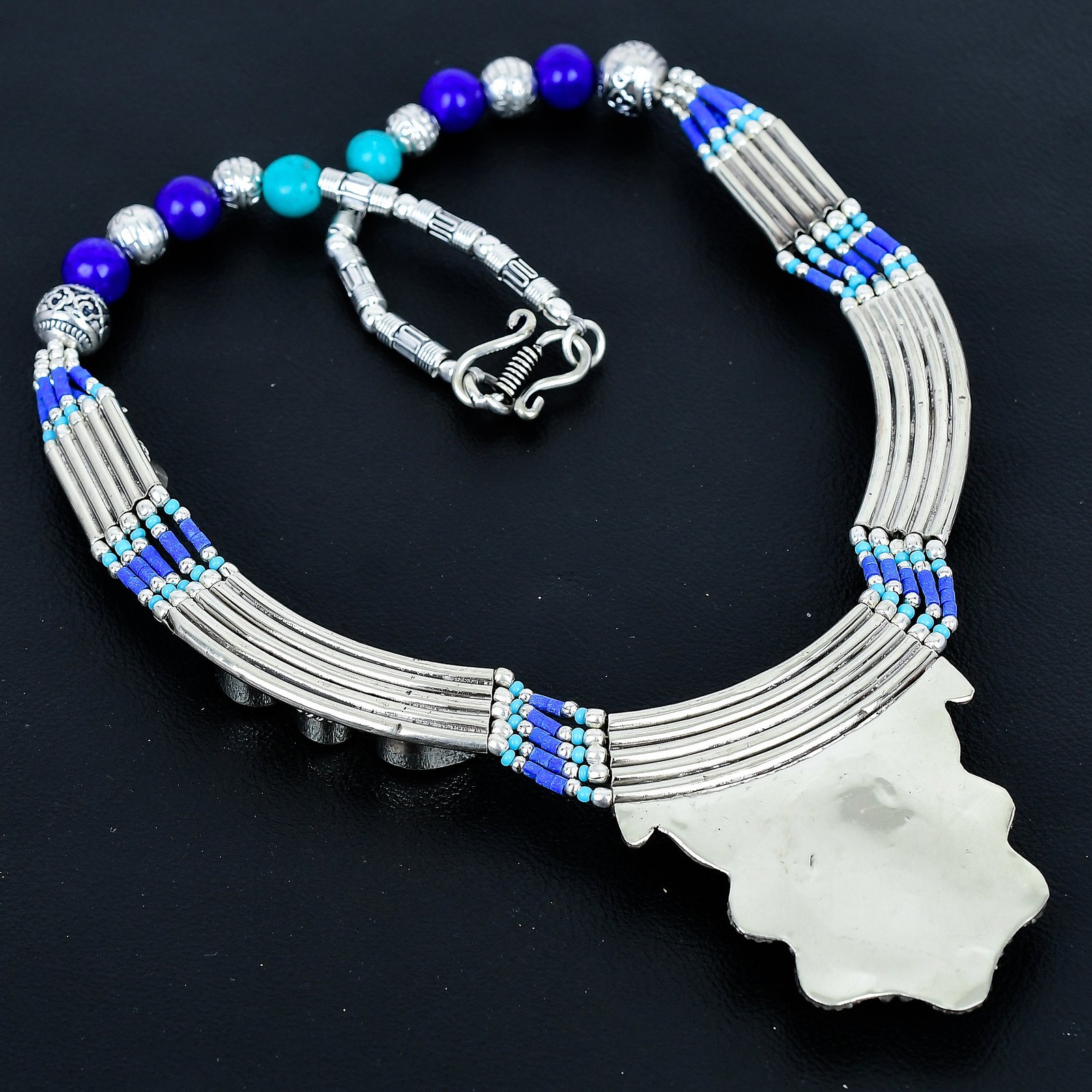 Turquoise Lapis Lazuli 925 Sterling Silver Handmade Tibetan Necklace 18″ PG116