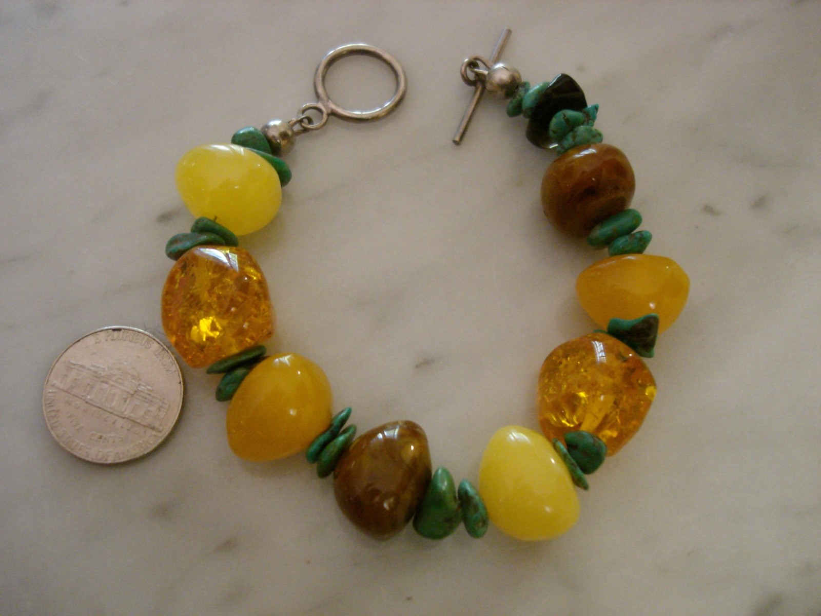 Vintage Navajo Baltic Butterscotch Amber Turquoise Nugget Bracelet