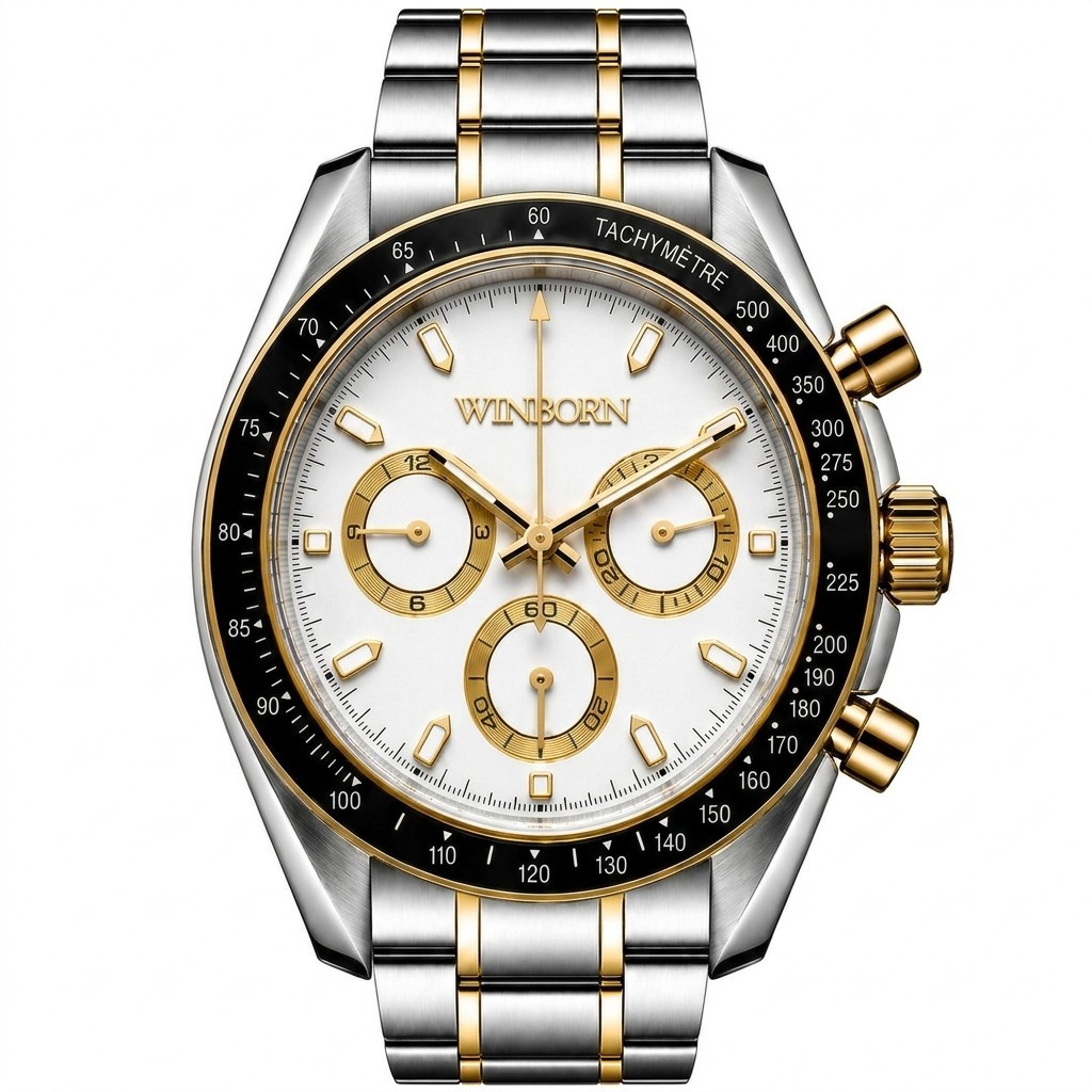 Winborn White Gold Dial Chronograph Watch Two Tone Steel Tachymeter VK63 41mm