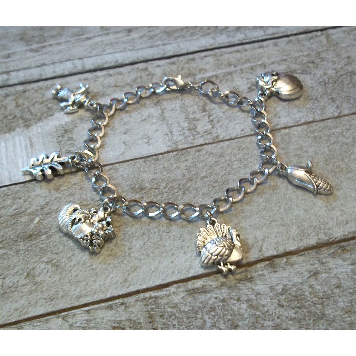 Fall Thanksgiving Charm Bracelet Antique Silver Chain Pumpkin Turkey Scout 8in
