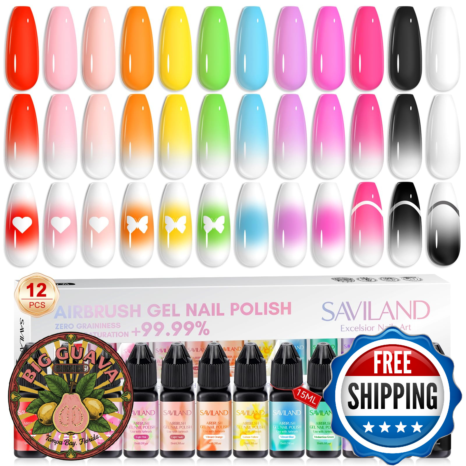 SAVILAND Airbrush Gel Nail Polish 12 Vitality Colors Non-Acetone Nail Art Set Fi