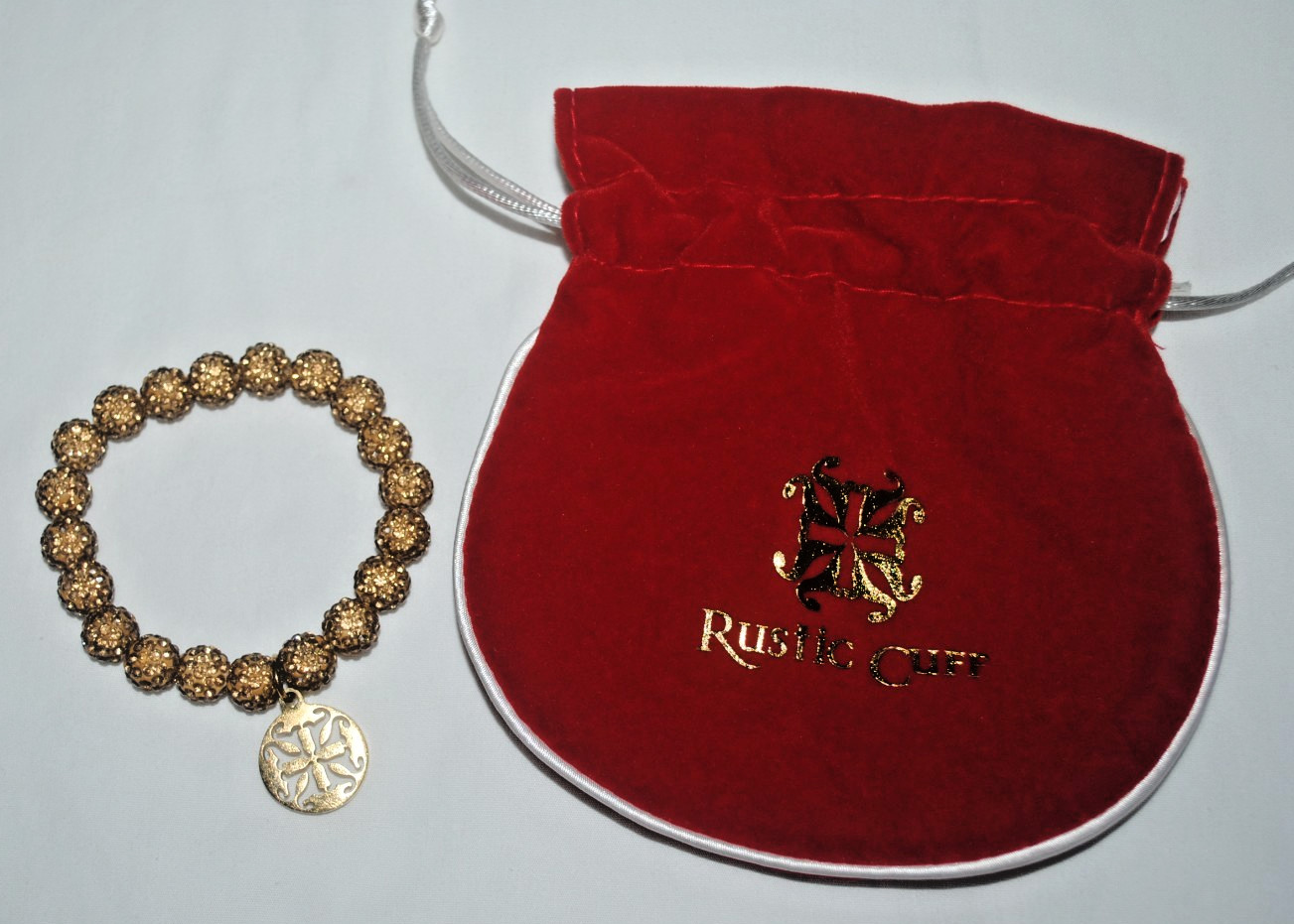 Rustic Cuff bracelet, goldtone sparkling beads, gold-tone charm dangle, w/RC bag