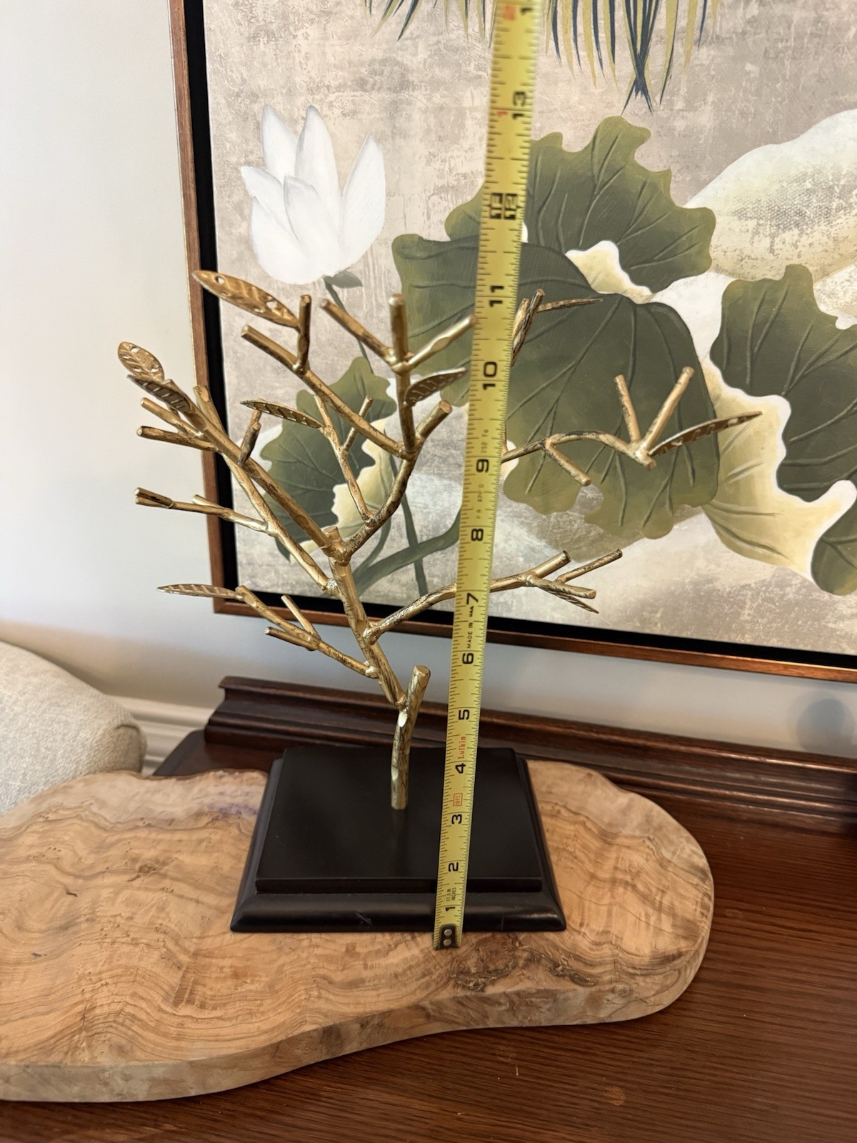 Gold Tone Metal Tree Stand Heavy Base Jewelry Organizer Home Decor 12x11x5”