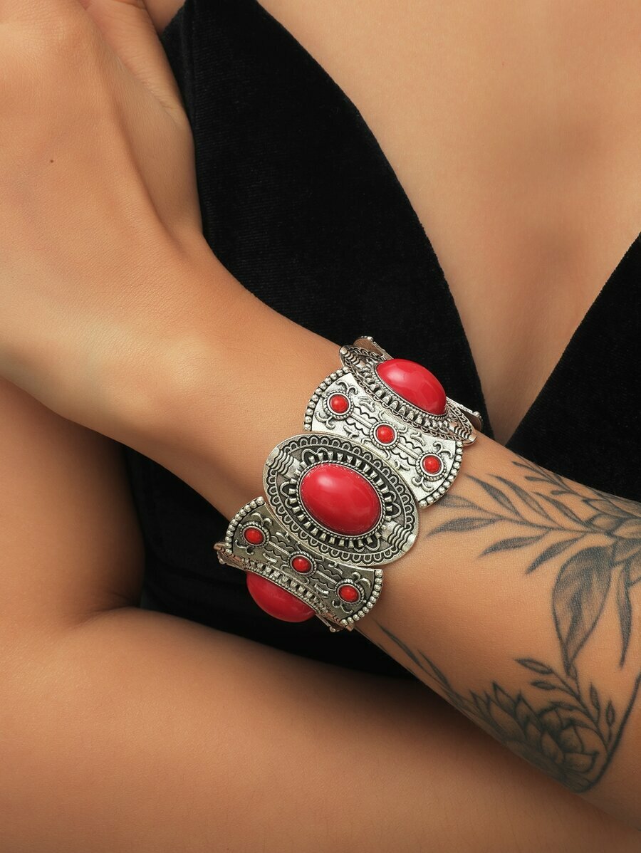 💥 New Boho Stretch Bracelet Faux Coral & Silver Tone Alloy💥
