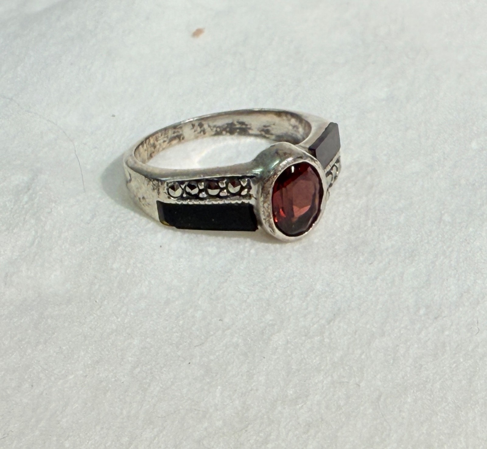 Garnet Marcasite Onyx Ring Sterling Silver 925 Size 5 Vintage 3.6 gm Total