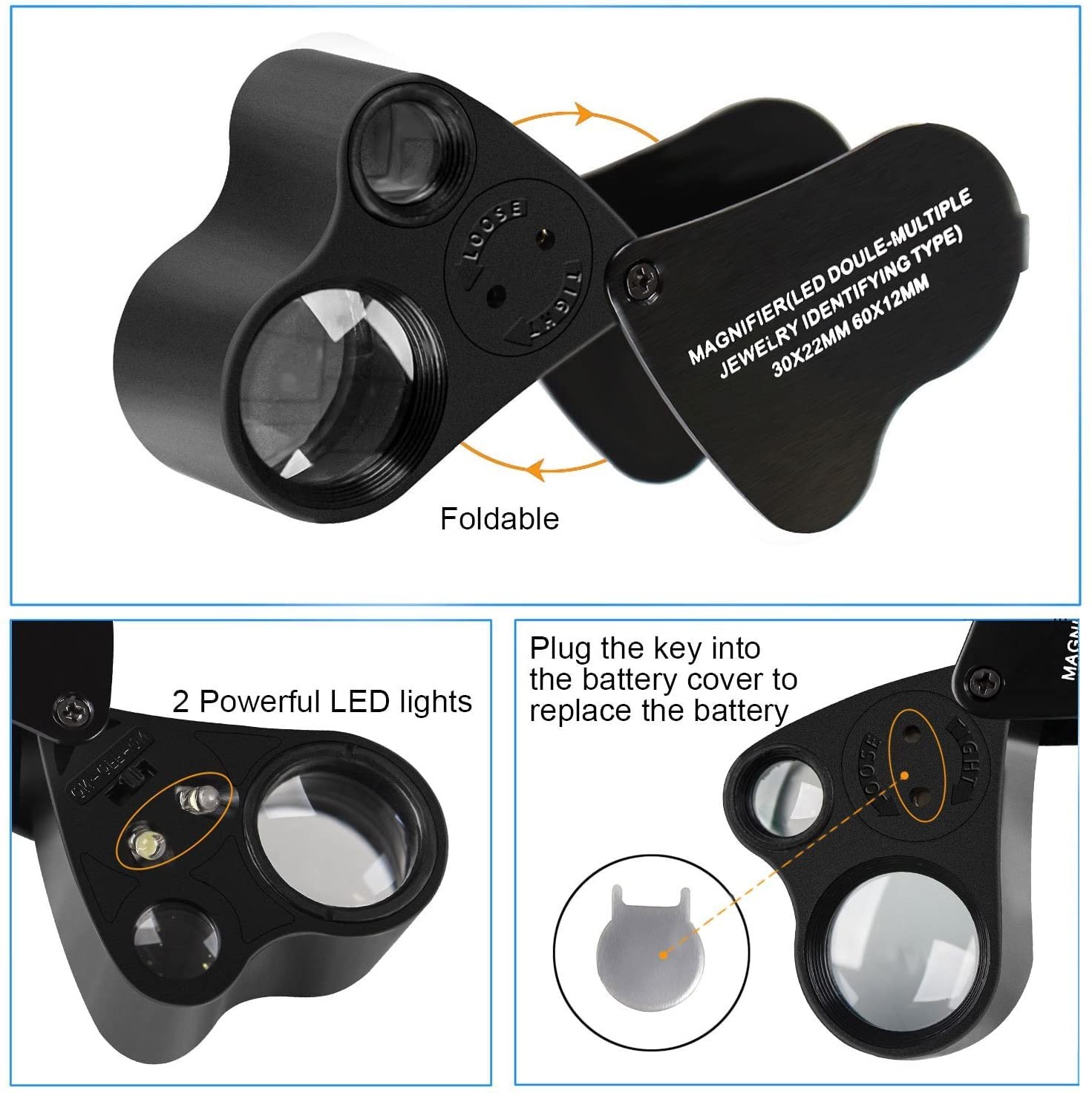 Jewelers Loupe 2 Pack: 30X 60X 90X Magnifying Glass with Light & Batteries