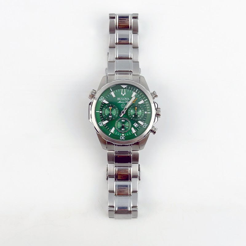 Bulova Marine Star Green Dial 96B396 Steel Men Quartz Watch 43mm Chronograph