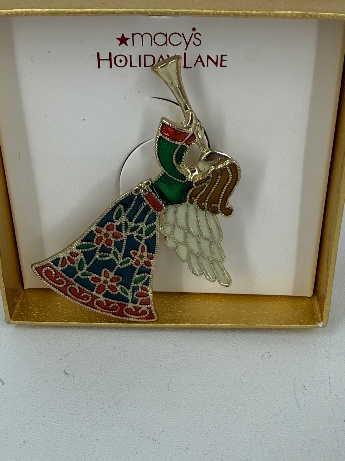 New Vintage Macy’s Holiday Time Enamel Angel w/ Horn Trumpet Christmas Brooch