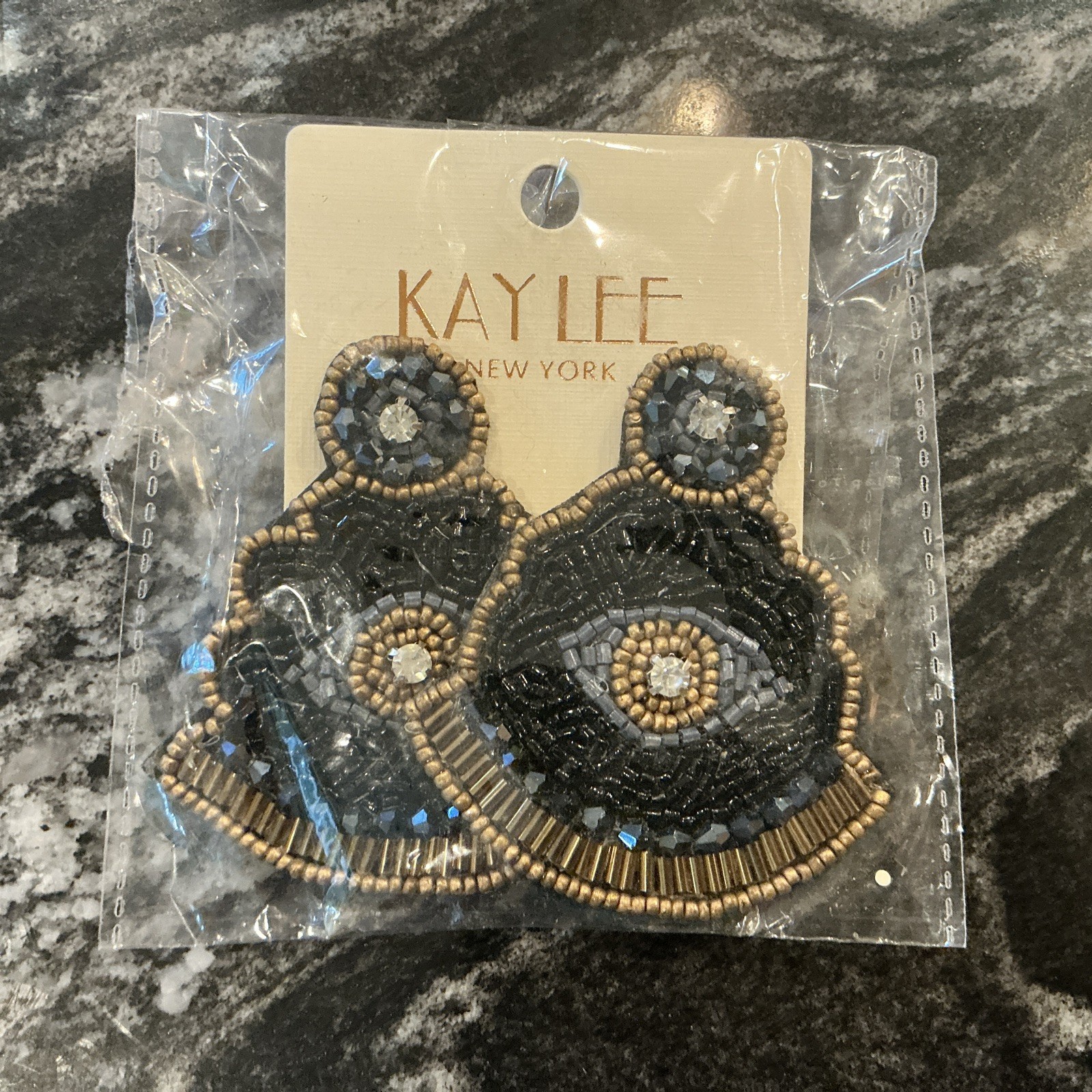 NIP Kay Lee New York Beaded Teardrop Earrings BoHo Bohemian Black/Gold
