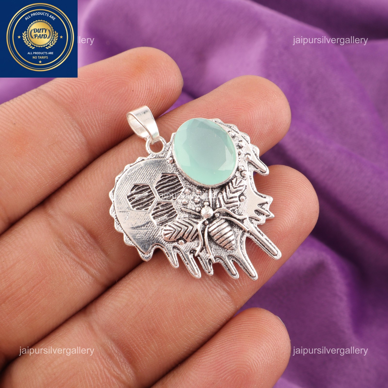 925 Silver Throat Chakra Aqua Chalcedony Gemstone Daughter Bezel Pendant Jewelry