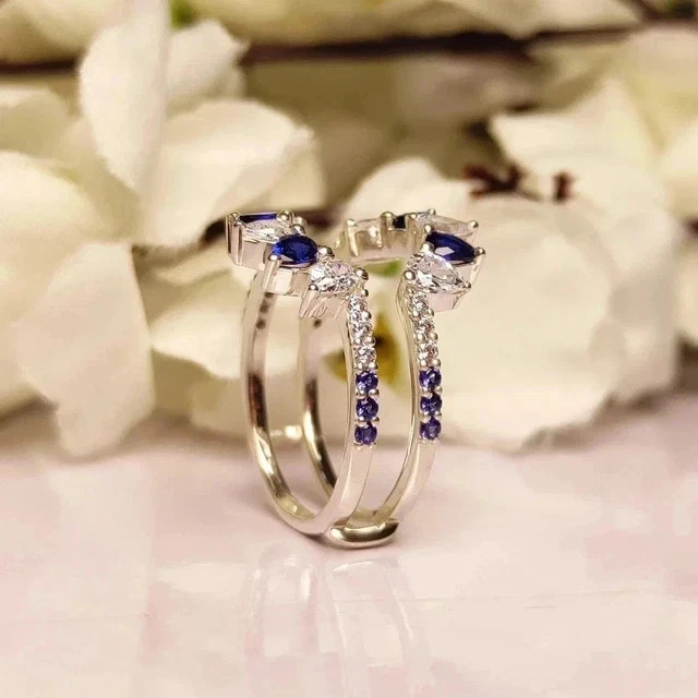 Pear Cut Lab Created Blue Sapphire Wrap Guard Band Ring 14k White Gold Plated