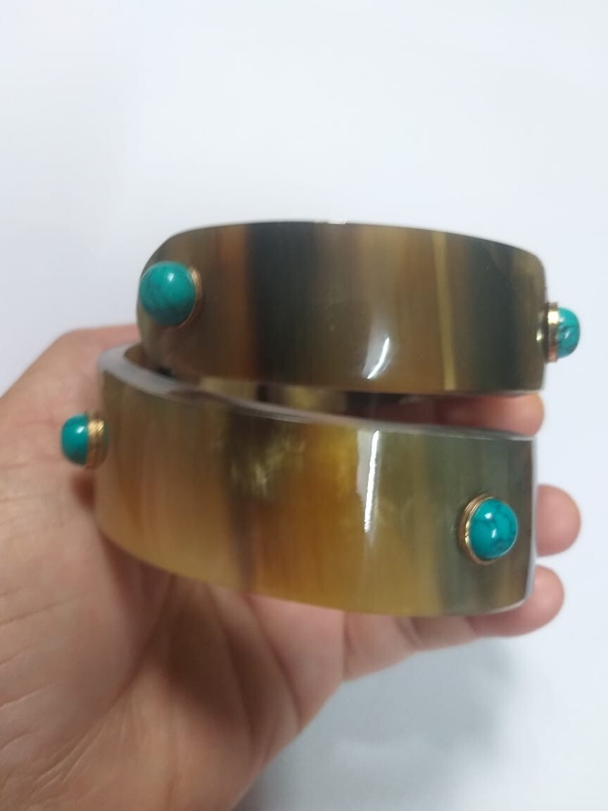 Natural Buffalo Horn Cuff Bangle With Turquoise Jewelry Handcraft Curly Bracelet