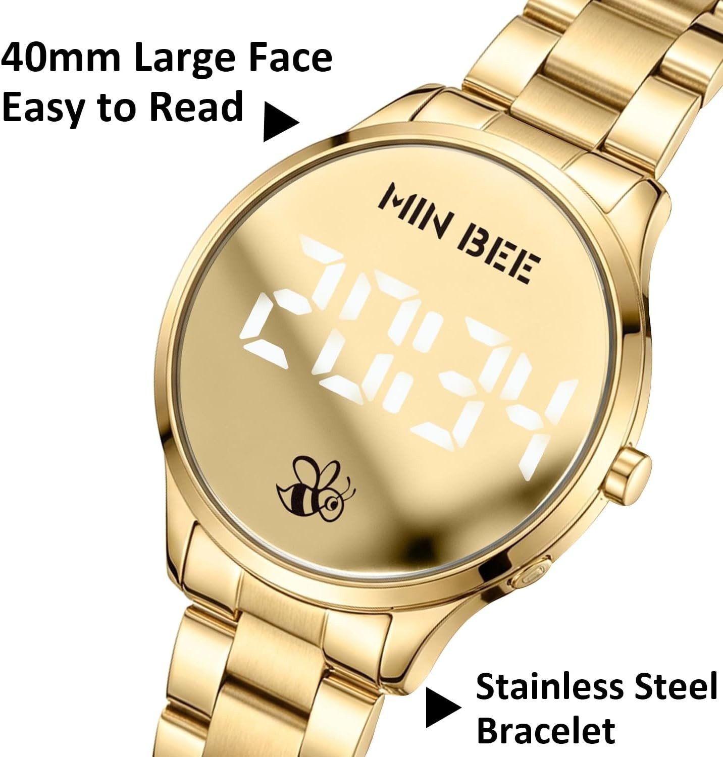 Stylish 40mm Digital Watch – Large Display, Adjustable Stainless Steel Band