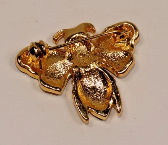G93 VINTAGE CLEAR RHINESTONE & BLACK ENAMEL METAL BUMBLE BEE BROOCH PIN UNSIGNED