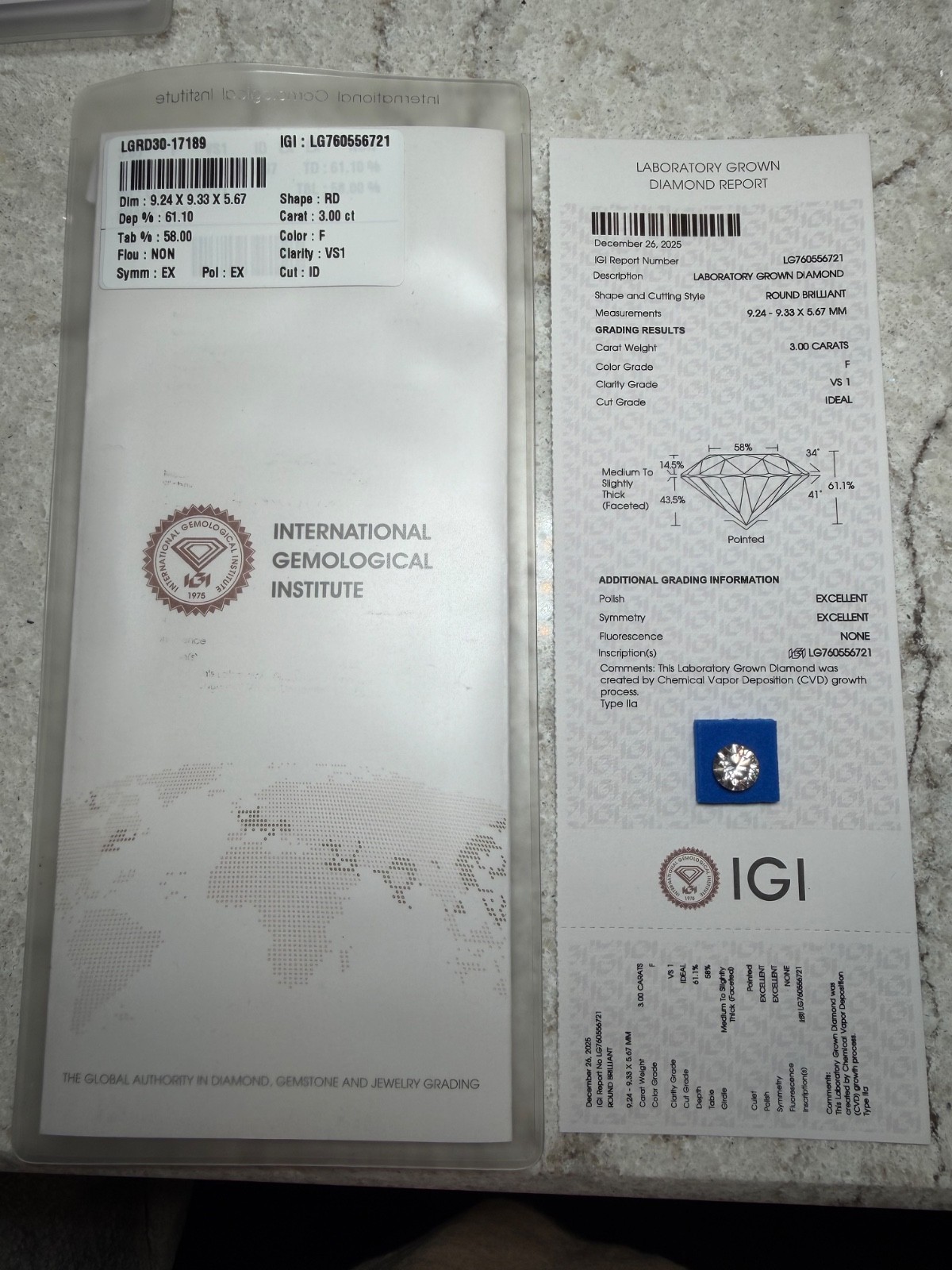 Certified 3.00 Carats Lab Grown Brilliant Round Diamond Excellent Symmetry