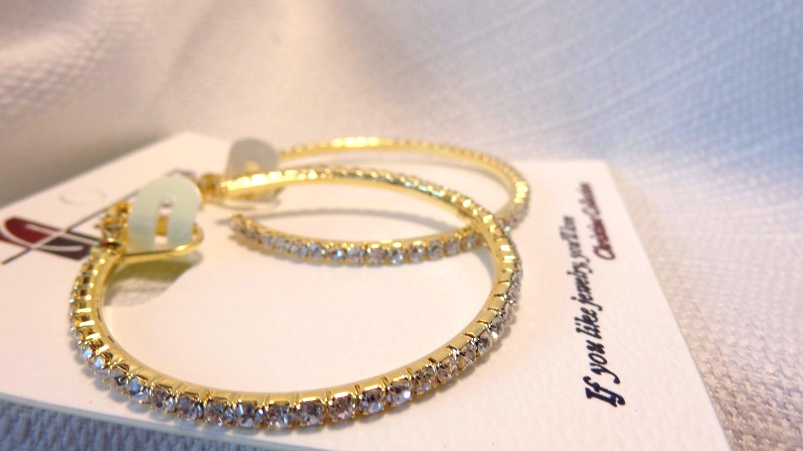 CLIP-ON EARRINGS 2.25 INCH HOOP CRYSTAL EARRINGS RHINESTONE SILVER OR GOLD TONE