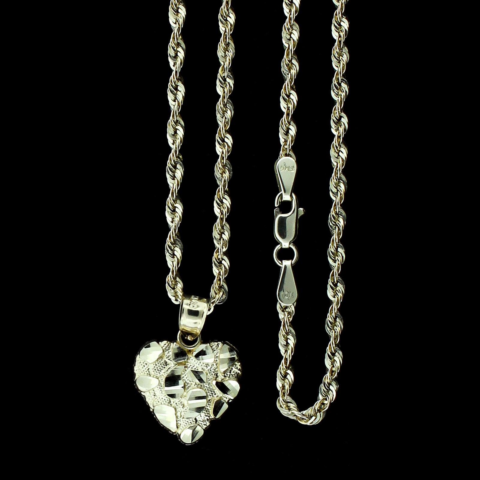 Real 10K Yellow Gold Nugget Heart Charm Pendant With 2.5mm Rope Chain