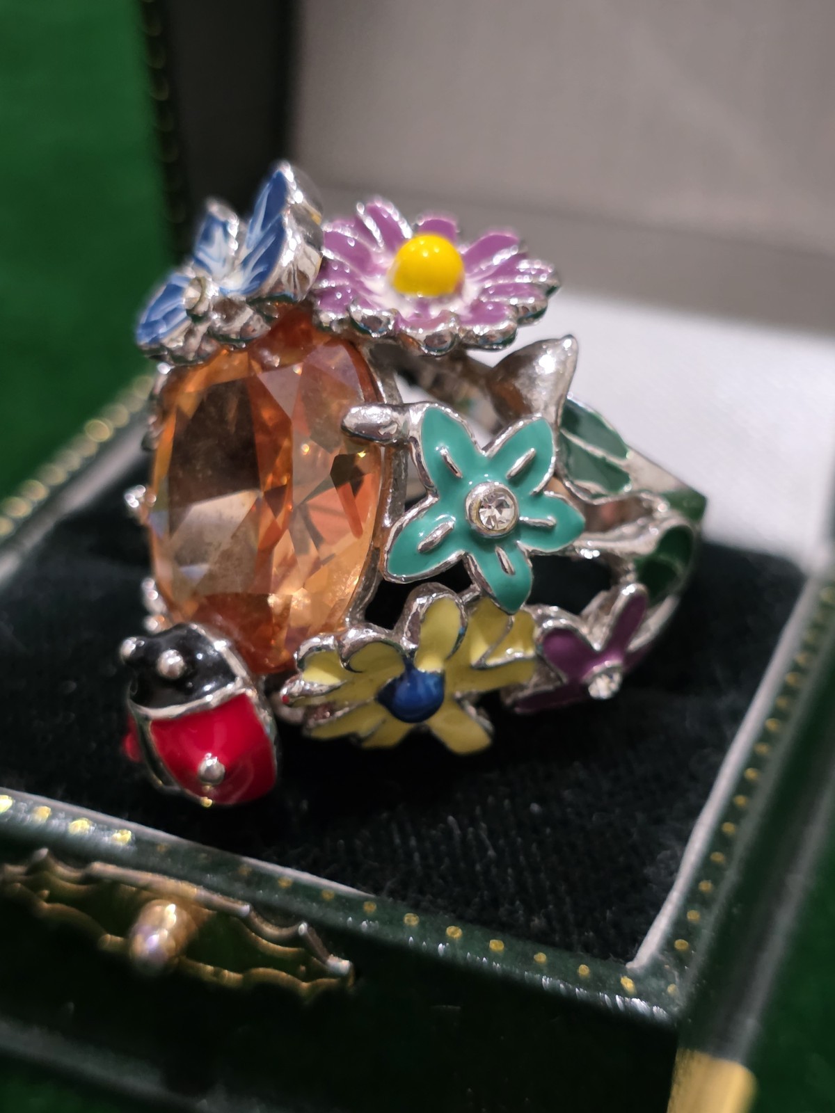 Flower garden Faux Citrine enamel rhinestone butterfly ladybug ring Size 7
