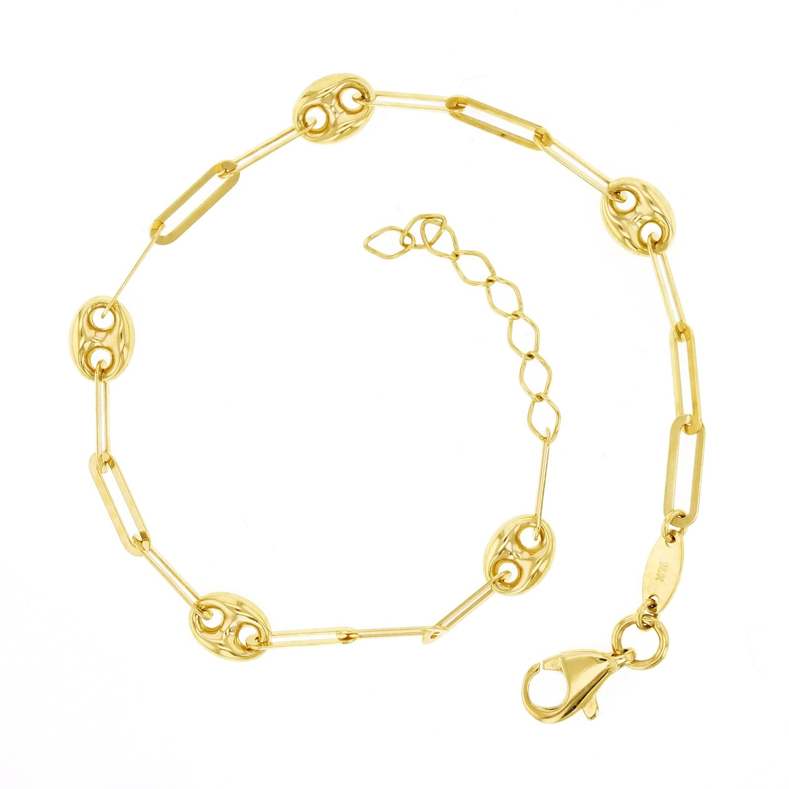 Italian 14k Yellow Gold Puff Mariner & Paper Clip Link Charm Bracelet 7″ 5mm