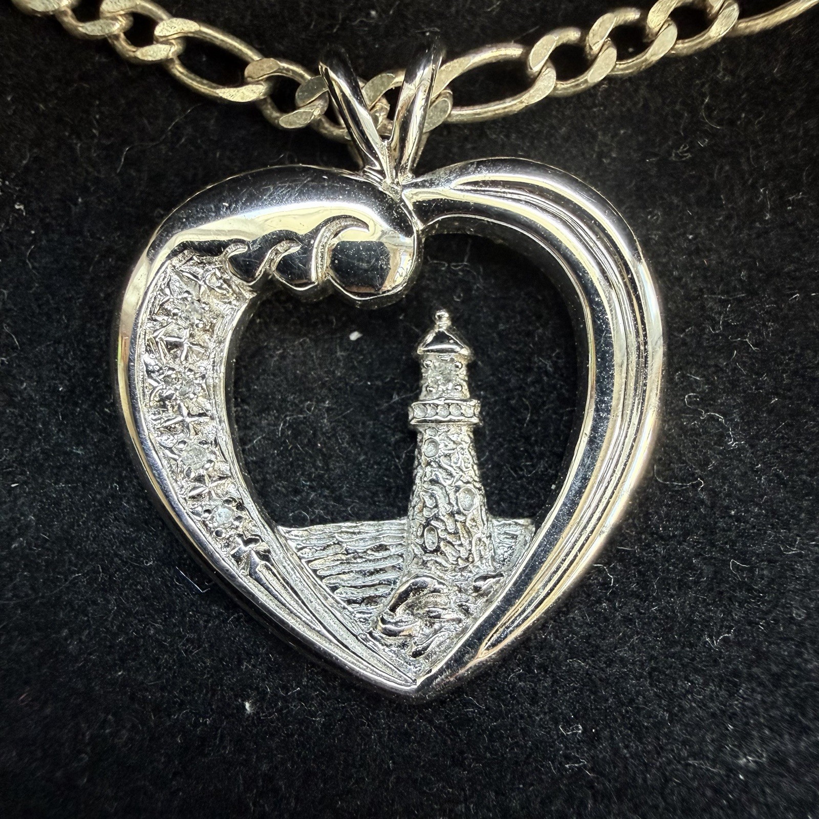 Thomas Kinkade Beacon of Hope Sterling Diamond Lighthouse Heart Pendant Necklace