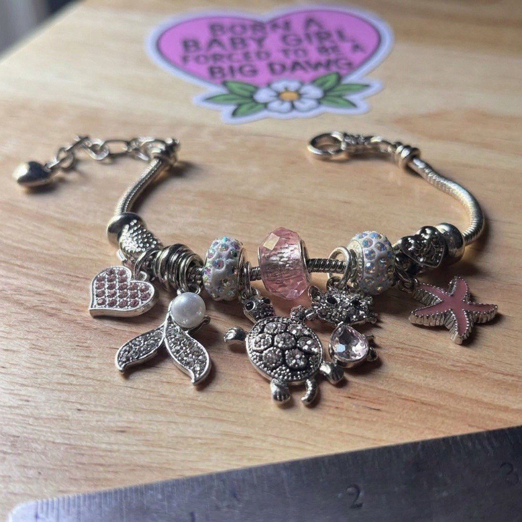 NEW Silver-Tone Snake Chain Charm Bracelet Pink Crystal Beads Sea Life Theme