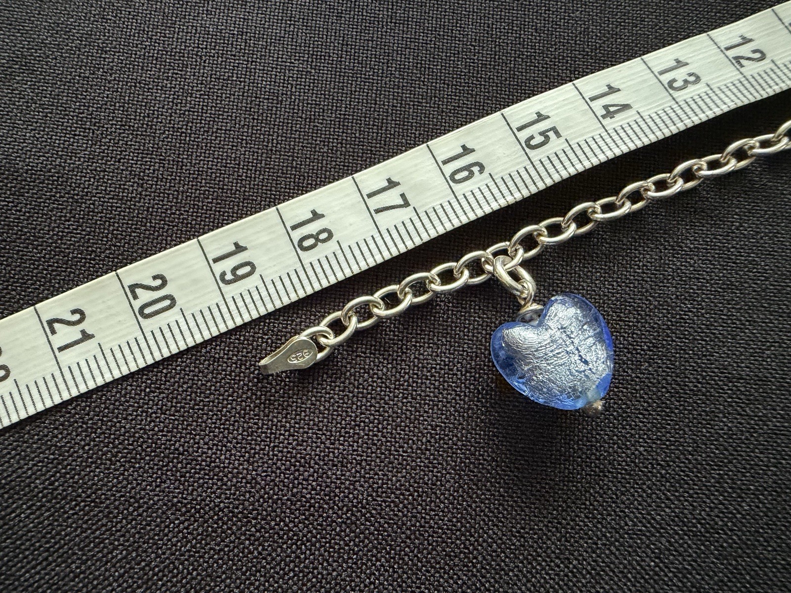 Charm Bracelet Sterling Silver 925 Blue Glass Heart Belcher Chain 19cm 6.8g