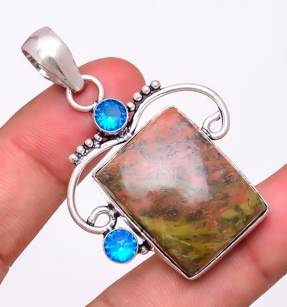 Natural Unakite & Blue Topaz Gemstone 925 Silver Plated Pendant 2.1″ S191